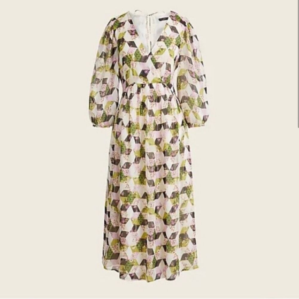 J. Crew Lurex Chiffon Midi Dress in Patchwork Print size 00 Wedding Guest Dress